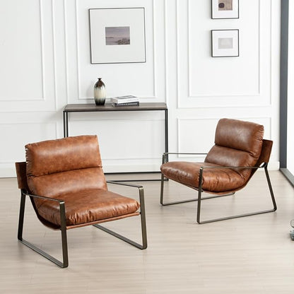 HEAH-YO Modern Accent Chair Set of 1, Upholstered PU Faux Leather Living Room Chair with Bronze Metal Legs, Comfy Arm Side Chair for Bedroom, Brown