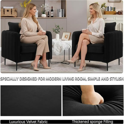 Velvet Accent Chair, Comfy Upholstered Single Sofa Chair Mid-Century Modern Armchair with Thick Cushion and Wood Frame Side Chair for Living Room Bedroom Apartment (Black)