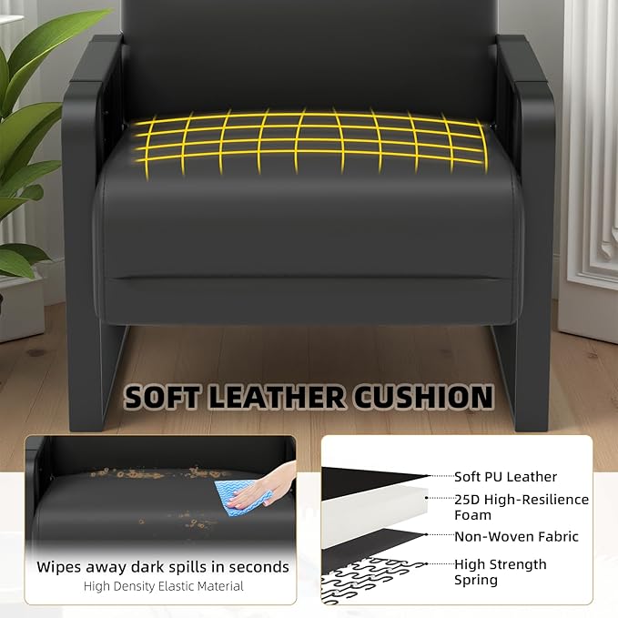 Faux Leather Accent Chairs Set of 2 with Flip Up Tray Tables Soft Backrest for Living Room Office Bedroom Modern Accent Chairs, Black