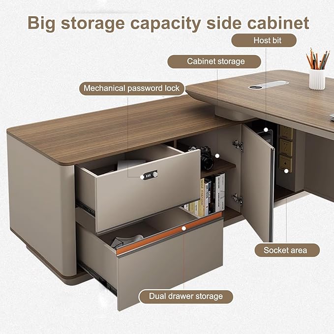 94IN L Shaped Executive Desk - Executive Office Desk with Side Cabinet & Grille Front Baffle & Embedded LED Strip & Mechanical Password Lock & Double-Layer Countertop & Gold Foot Pad