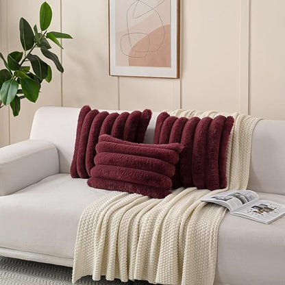 FUTEI Christmas Burgundy Decorative Throw Pillow Covers 12x20 Inch Set of 2, Square Soft Faux Rabbit Fur Thick Striped Lumbar Pillow Case,Winter Home Decor for Couch Bed Living Room