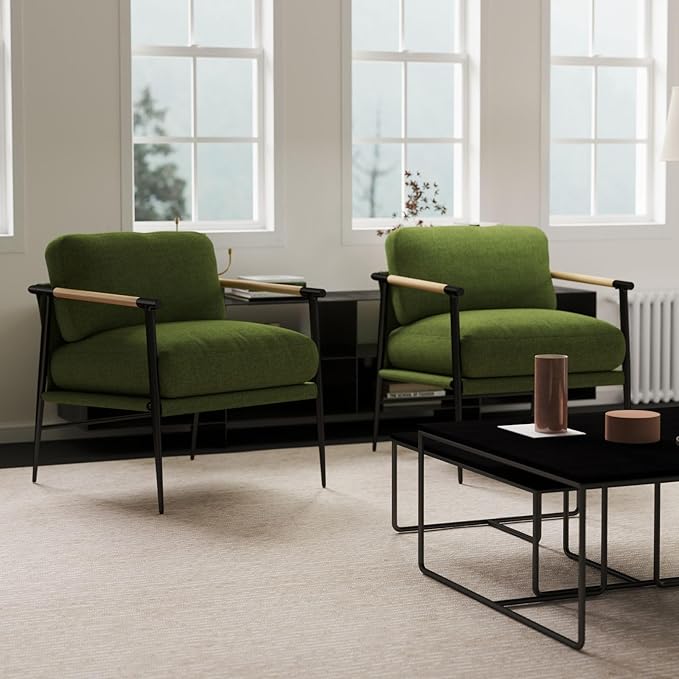LukeAlon Mid-Century Linen Accent Chairs Set of 2, Soft Living Room Chairs with Metal Legs Modern Armchairs Lounge Chairs Upholstered Comfy Leisure Chairs for Bedroom Reading Room Waiting Room, Green