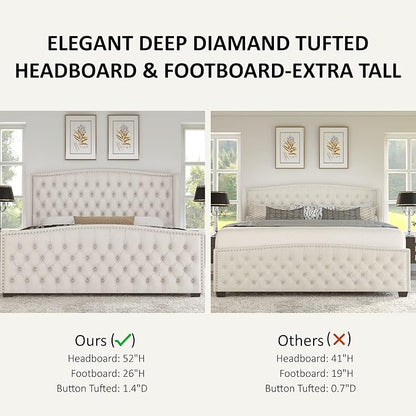 AMERLIFE California King Size Platform Bed Frame, Velvet Upholstered Bed with Deep Button Tufted & Nailhead Trim Wingback Headboard/No Box Spring Needed, Cream