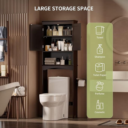 Gizoon Over The Toilet Storage Cabinet with Adjustable Shelf and Double Doors, Bathroom Space Saver Organizer Above Toilet with Open Shelf, Taller Wooden Free Standing Toilet Rack -Espresso
