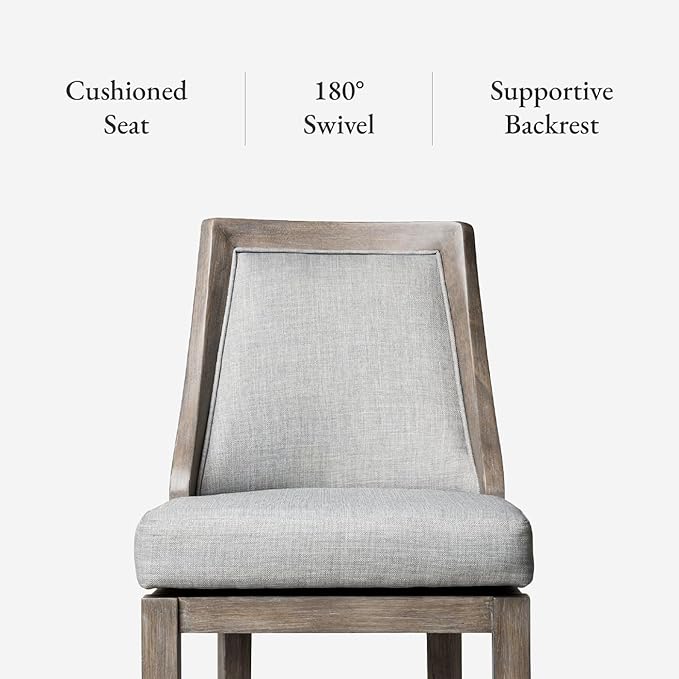 Maven Lane Vienna Counter Stools 26 Inches – Set of 4 – Swivel Stools with Footrests – Grey Solid Wood and Grey Fabric Upholstery – Ideal for Kitchen Islands and Counters