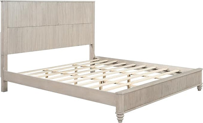 King Size Solid Wood Platform Bed Frame, Solid Wood Bed with 79.13" Headboard, Solid Wood Leg/No Box Spring Needed/Noise Free/Beige