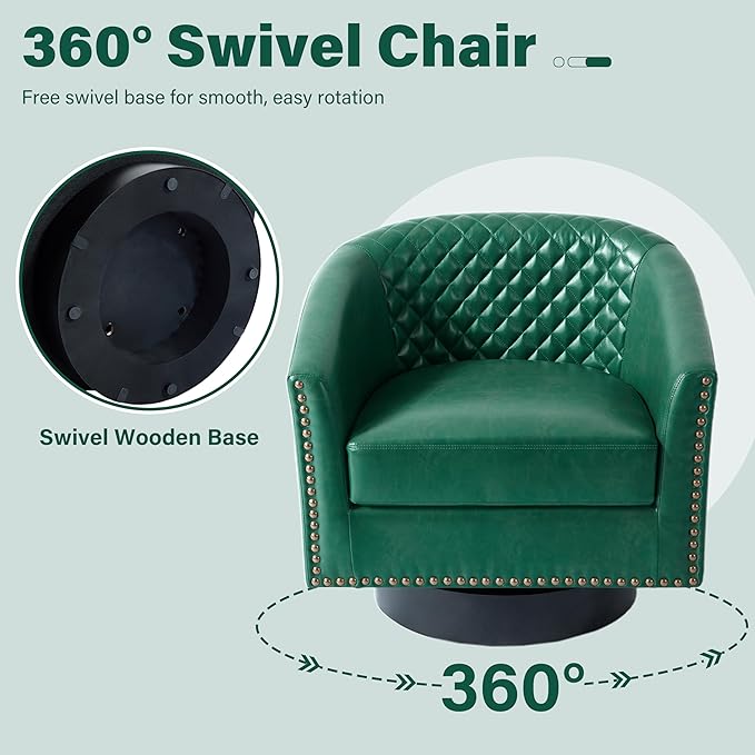 Pia Ricco Faux Leather Swivel Barrel Accent Chairs Set of 2, 360° Swivel Round Single Sofa Chair, Comfy Upholstered Club Armchair with Nailhead Trim for Living Room/Reading Room/Bedroom, Green