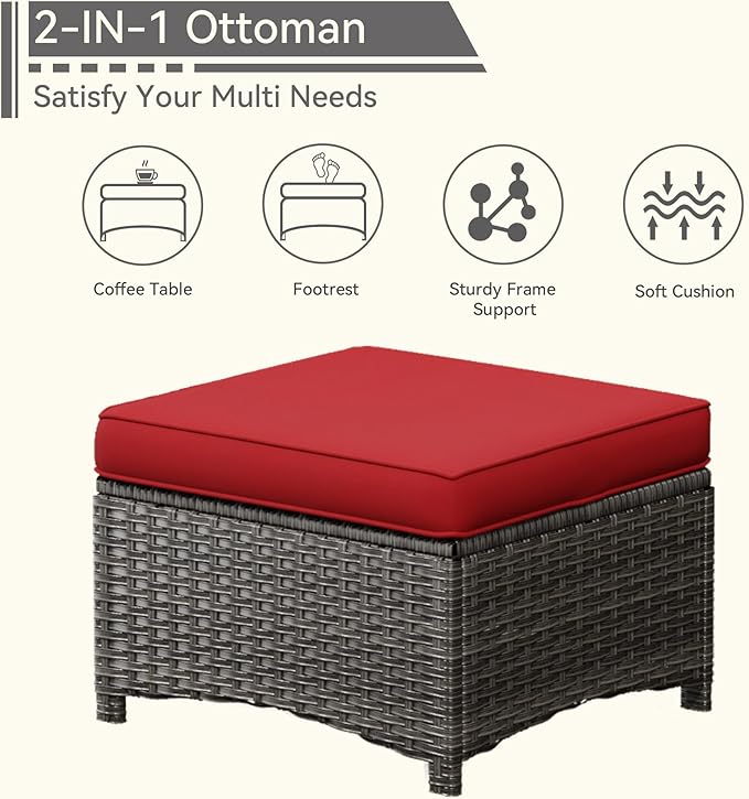 7 Pieces Outdoor Patio Conversation Set, Wicker Furniture Set Includes 3-Seat Sofa, Patio Rattan Dining Chair Set of 4, 2 Ottomans, for Porch, Yard, Mixed Brown Rattan, Red