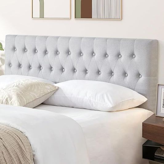 Kingfun Headboards for King Size Bed in Modern Button Design, Premium Linen Fabric Upholstered Tufted Bed Headboard, Adjustable Solid Wood Head Board, Grey