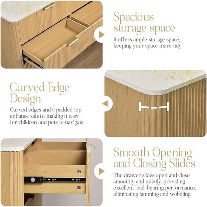 Fluted 6 Drawers Dresser with Charging Station, 55" Wide Modern Chest of Drawers with Faux Marble Top, Wooden Dresser TV Stand, Wood Drawer Organizer for Bedroom, Living Room, Hallway, Natural Oak