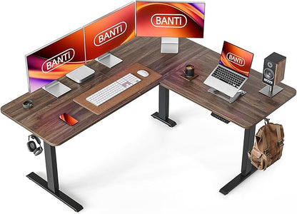 BANTI L-Shaped Standing Desk - 63 x 55 Inch Adjustable Corner Standing Desk with Charging Station - L Shape Sit Stand Table with Memory Controller, Splice Board for Home Office