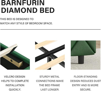 BarnFurin Queen Size Bed Frame with Headboard, Faux Leather Upholstered Bed with Diamond Tufted Design, Modern Bed Frame with Wooden Slats Support, No Box Spring Required, Easy Assembly, Green