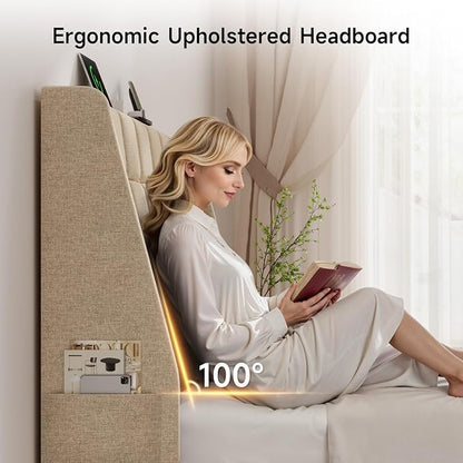 Ergonomic Upholstered Headboard Queen Size w/Charging Station, Linen Wingback Headboards w/Storage Pocket, Queen Headboard Only, Bed Frame Adapters, Sturdy Stable Solid Wood Bed Head Board, Beige