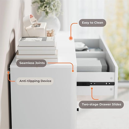 RECCI Fluted 6 Drawers Dresser for Bedroom, 54" Wide Chest of Drawers with 3D Fluted Panel, Faux Marble Top, Solid Wooden Legs, Storage Drawers, TV Stand, Closet Chests for Bedroom, White