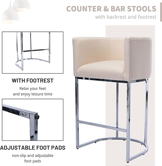 Contemporary Cream Linen Bar Stool, 29" Upholstered Fabric Counter Height Barstool Kitchen Counter Island Stool with Screwed Together Chrome Finish Base