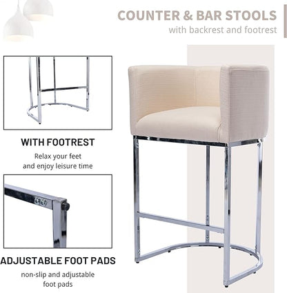 Contemporary Cream Linen Bar Stools Set of 2, 29" Upholstered Fabric Counter Height Barstools Kitchen Counter Island Stools with Screwed Together Chrome Finish Base