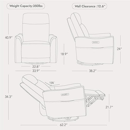 Watson & Whitely Genuine Leather Power Recliner Chairs for Adults, Swivel Glider Recliner Chair for Living Room with Charging Ports, Light Grey