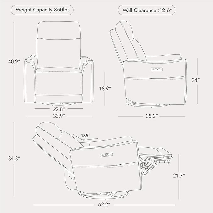 Watson & Whitely Genuine Leather Power Recliner Chairs for Adults, Swivel Glider Recliner Chair for Living Room with Charging Ports, Dark Brown
