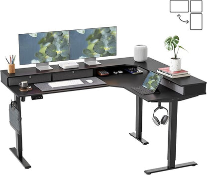 FEZIBO L Shaped Electric Standing Desk, 63 x48 inch Large with Drawers | Reversible Tabletop, 2 Memory Height Settings | Home Office & Gaming Height-Adjustable Table, Black Top/Black Frame