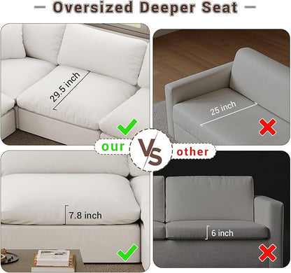 Cloud Modular Sectional Sofa,143" Down Filled Sofa 4 Seat with Chaise,Minimalist Sofa Cover Washable and Replaceable Couches for Living Room,Sectional Sofa Deep Seat White