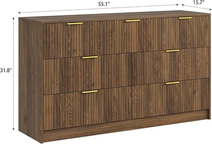 3-Piece Modern Bedroom Furniture Set, Wide 7-Drawer Dresser & 3-Drawer Nightstands Set of 2, Natural Wood Dresser and Nightstand Sets for Bedroom,Hallway, Walnut