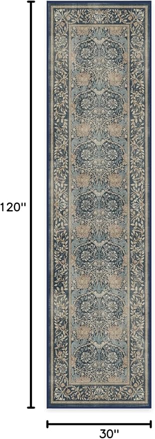 RUGGABLE x Morris & Co Machine Washable Runner Rug – Honeysuckle & Tulip Blue 2.5x10, Stain-Resistant, Non-Slip – Washable Rug for Hallway, Entryway, Living Room & Kitchen–with Standard Pad