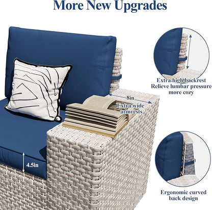 12-Piece Patio Furniture Set, Outdoor Extra Wide Armrest Modular Patio Sofa, Dual-Strand Rattan Wicker, Rust-Resistant Frame, Backyard High Back, Large Seat Furniture for Porch Garden Balcony, Blue