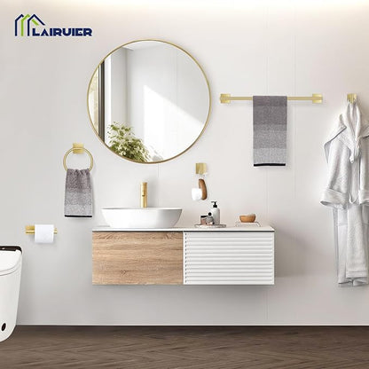 5 Pieces Bathroom Hardware Set Brushed Gold Towel Bar Set Includes 23.6” Towel Bar, Towel Ring Holder, Toilet Paper Holder and Two Towel Hooks, Bathroom Accessories Set SUS304 Wall Mounted