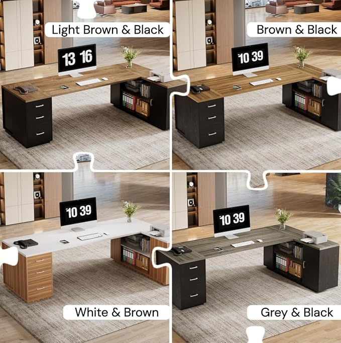 Tribesigns 85.8-Inch L-Shaped Executive Desk with File Drawers, Door Cabinet & Shelves, Extra Large Commercial Office Desk, Modern Professional Office Table, Business Furniture, Natural & Black