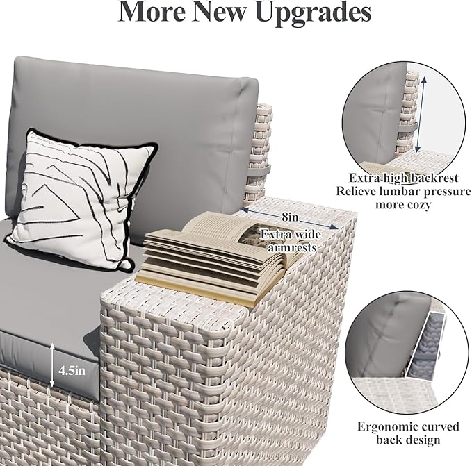 12-Piece Patio Furniture Set, Outdoor Extra Wide Armrest Modular Patio Sofa, Dual-Strand Rattan Wicker, Rust-Resistant Frame, Backyard High Back, Large Seat Furniture for Porch Garden Balcony, Grey