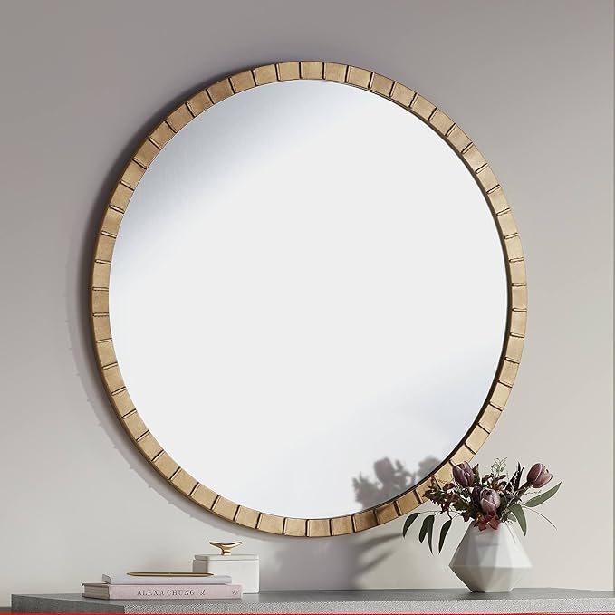 Uttermost Gracia Round Vanity Decorative Wall Mirror Modern Glam Gleaming Warm Gold Leaf Tiled Iron Frame 34" Wide Decor for Bathroom Bedroom Living Room Home House Office Entryway