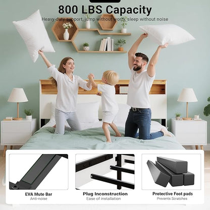 Full Bed Frame, Wood Platform Bed Frame with Storage Headboard, Charging Station, Modern Bedframe Full Size, 800lbs Capacity, Metal Slat Support, Noise-Free, No Box Spring Needed-White
