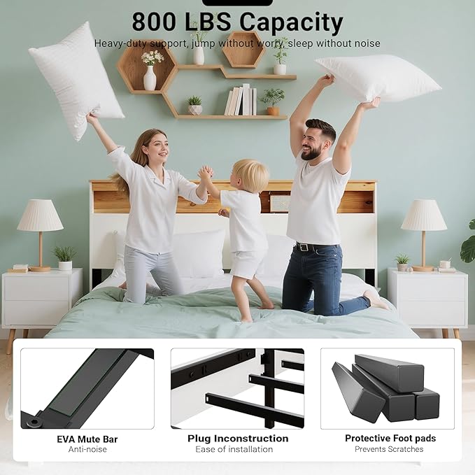 King Bed Frame, Wood Platform Bed Frame with Storage Headboard, Charging Station, Modern Bedframe King Size, 800lbs Capacity, Metal Slat Support, Noise-Free, No Box Spring Needed, White