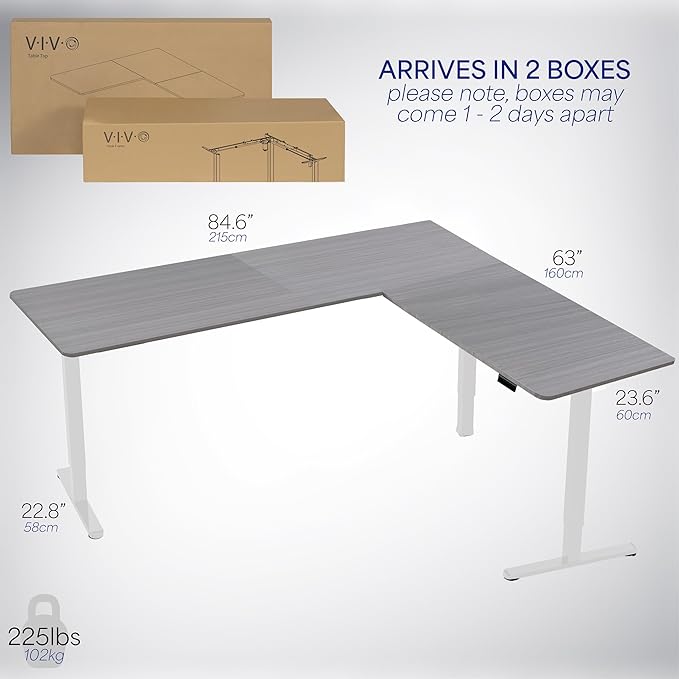 VIVO Corner Standing Desk, 84 x 63 inch Reversible L-Shaped Workstation, Electric Height Adjustment, Home, Office, and Reception Rooms, Dark Gray Table Top White Frame, DESK-E3CTWG-84