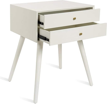 Kate and Laurel Finco Midcentury Modern Style Side Table with 2 Drawers, White Finish with Brass Hardware