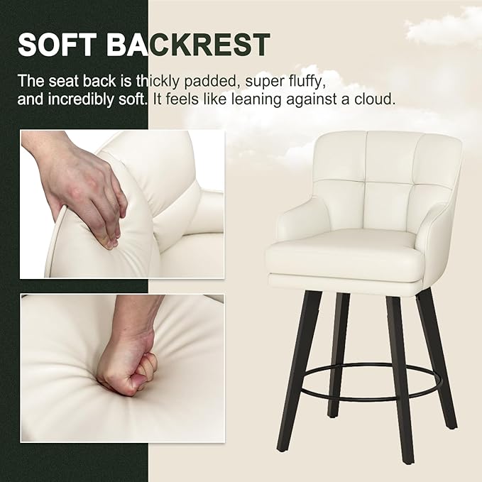 360°Swivel Counter Height Bar Stools with Back, 26 inch Solid Wood Legs, Bar Stool Modern Kitchen Island Chairs, Faux Leather (Beige- Faux Leather, 26" H- Set of 3)