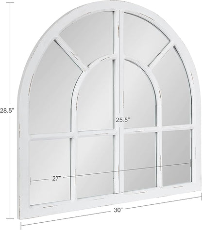Kate and Laurel Boldmere Modern Farmhouse Wide Windowpane Arched Mirror; 30 x 29; White; Decorative Vintage Inspired Window Mirror for Farmhouse Wall Decor