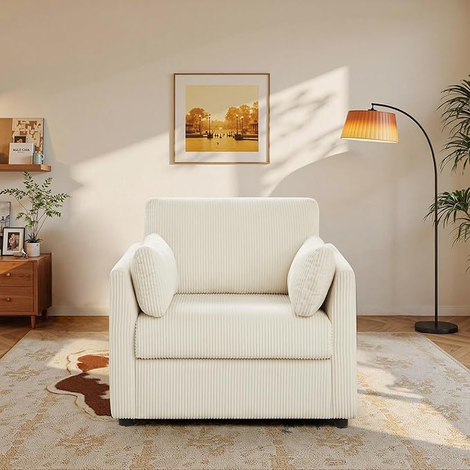Modern Corduroy Accent Chairs, 38" W Comfy Armchair with Soft Pillows and Side Pockets, Single Reading Chairs for Living Room, Bedroom, Apartment, Beige