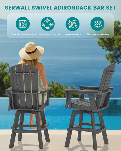 SERWALL 3-Piece Swivel Adirondack Bar Set, HDPE Swivel Bar Height Chairs Set of 2 with Bar Table, All-Weather Outdoor Barstools for Patio, Poolside, Garden, Grey