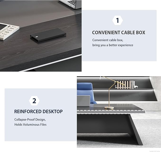 L-Shaped Black Executive Desk with Drawers, Large Modern Executive Office Desk with Storage Cabinets, Cable Box, Wide Desktop – Home Office Desk (Left, 79" L * 63" W * 30" H)