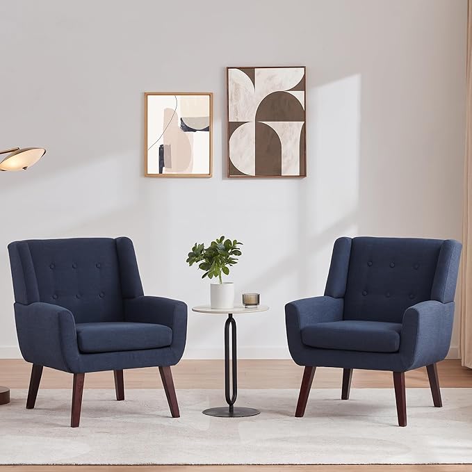 HUIMO Accent Chairs Set of 2,Upholstered Button-Tufted Linen Living Room Chairs,Mid Century Modern Armchair with Fabric,Comfy Arm Chairs for Club Living Room Reading Bedroom,Waiting Room Dark Blue