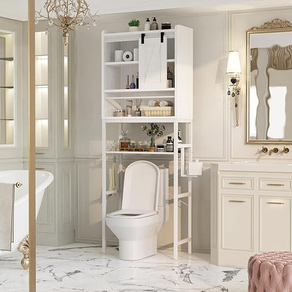 AWQM Over The Toilet Storage CabinetFreestanding Bathroom Organizer with AdjustableShelf & Paper Hook,Space-Saving Toilet Rack,White Retro Style (White, Sliding Door)