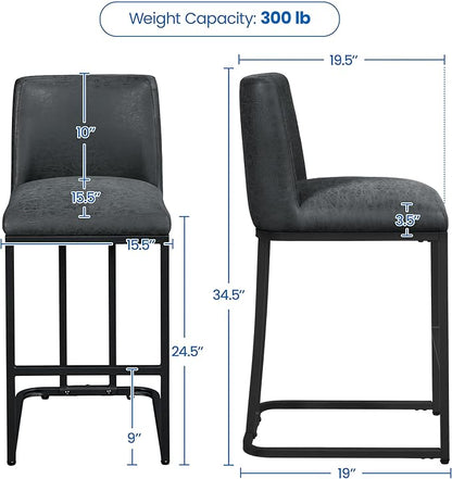 Yaheetech Bar Stools Set of 4, Counter Height Kitchen Stools 24'' Modern Leather Upholstered Bar Chairs with Back and Metal Legs for Kitchen Counter, Dark Gray