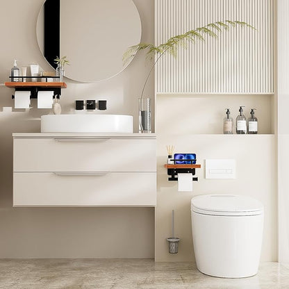 Toilet Paper Holder with Wood Shelf, Wall Mount Toilet Paper Roll Holder with Wooden Shelf and Matte Black Stainless Steel Pipe, Tissue Roll Holder for Bathroom Washroom (Light Brown, 7.9'' x 5.9'')