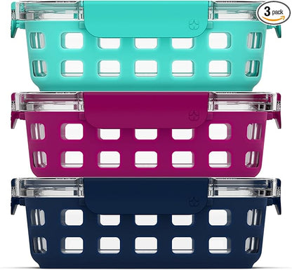 Ello Duraglass 3.4 Cup Meal Prep Sets 6Pc, 3 Pack Set- Glass Food Storage Container with Silicone Sleeve and Airtight BPA-Free Plastic Lids, Dishwasher, Microwave, and Freezer Safe, Berry
