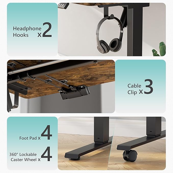 63 x 28 inch Electric Standing Desk Adjustable Height with 4 Wheels, 4 Memory Height Settings, 2 Headphone Hook, for Home Office, Splice Board Brown