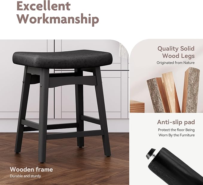 ALPHA HOME Bar Stools Set of 3, Solid Wood Saddle Kitchen Stools with Black PU Leather Cushion Counter Height Barstools with Wooden Base for Kitchen Dining Cafe, 24 Inch, Black, 3PCS