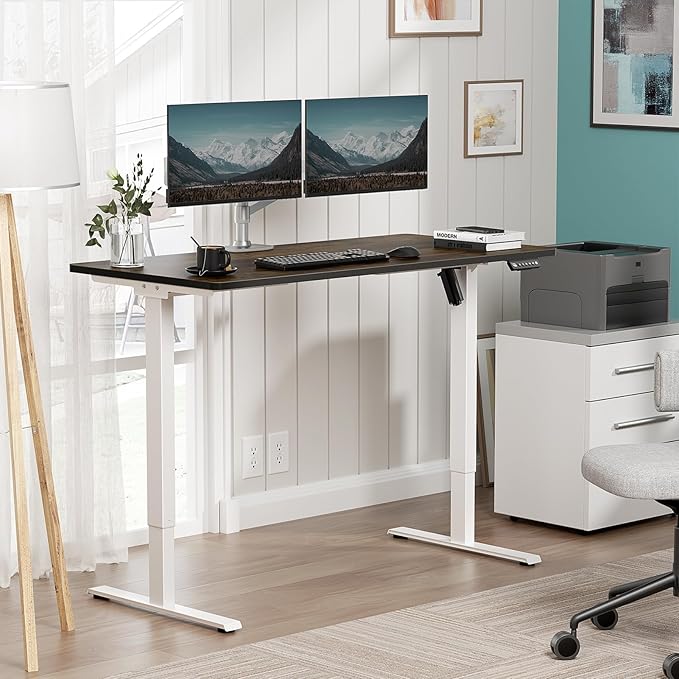 One-Piece Electric Standing Desk, 48 x 24 Inch Adjustable Height Sit to Stand Up Desk for Home Office, Work & Study, White Frame & Brown Desktop (2 Packages)