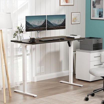 One-Piece Electric Standing Desk, 48 x 24 Inch Adjustable Height Sit to Stand Up Desk for Home Office, Work & Study, White Frame & Brown Desktop (2 Packages)
