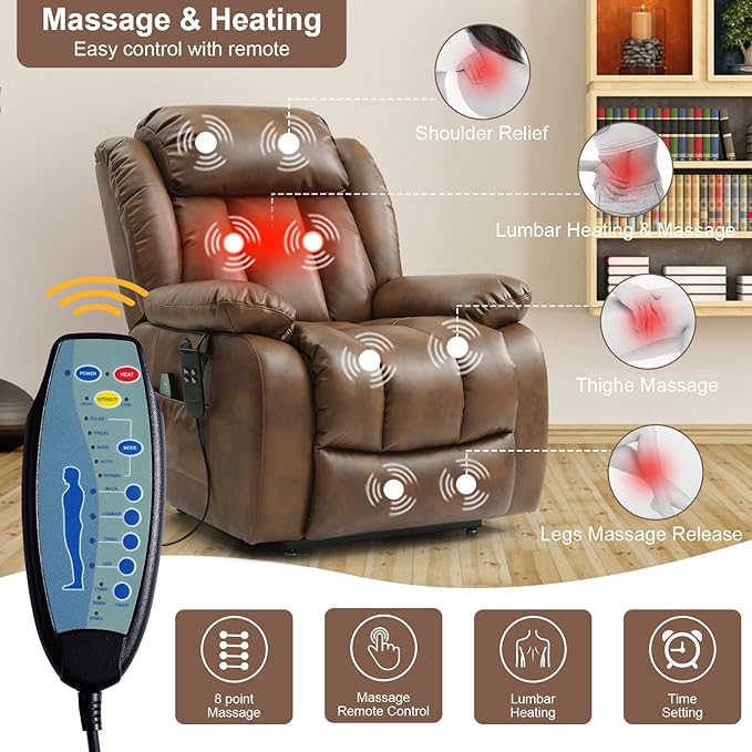 Dual Motor Large Power Lift Recliner Chair for Elderly with Heat and Massage,Lay Flat Lift Chairs Recliners for Seniors Infinite Position,USB Ports&Remote, Leather(Ochre, Medium)